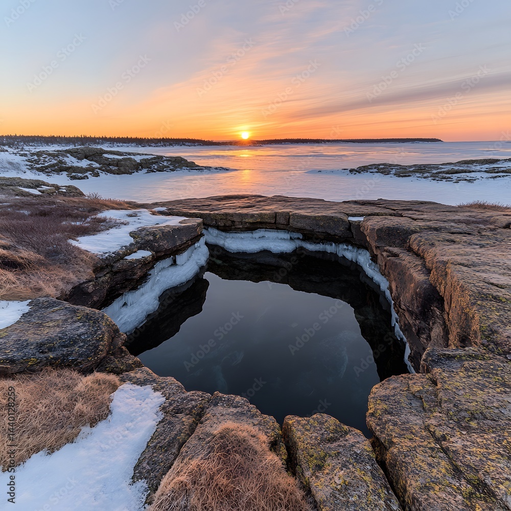 Fototapeta premium Serene Winter Sunset over a Rocky Coastline with Frozen Tidal Pool