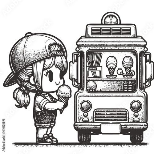 Chibi child eagerly getting their first ice cream treat from a colorful truck on a sunny day, full of excitement and happiness