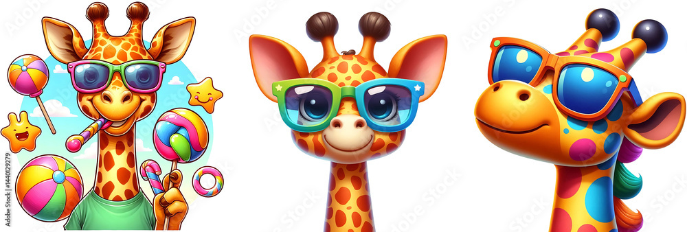 Fototapeta premium Set of 3 Cute Cartoon Giraffe Characters Wearing Sunglasses PNG