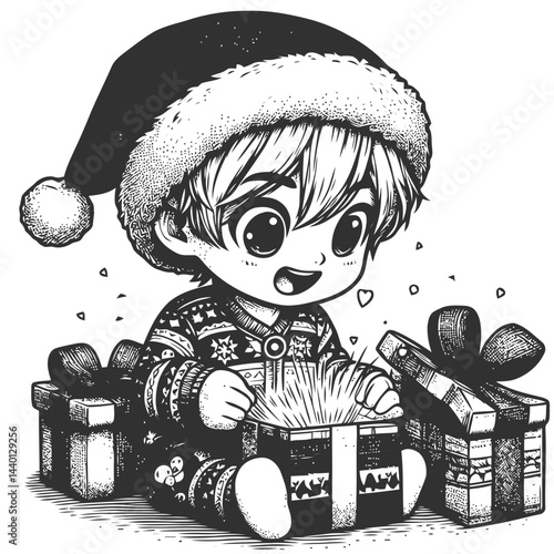 Playful chibi child in festive pajamas surrounded by Christmas gifts and cheerful holiday decorations