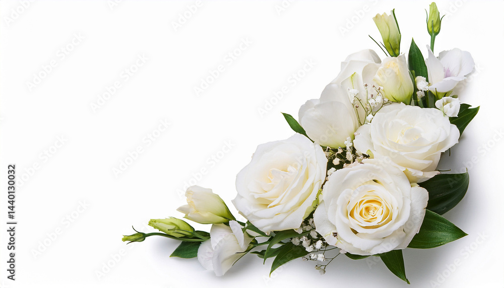 white roses and eustoma flowers in a corner arrangement isolated on white or transparent background white roses and eustoma flowers in a corner arrangement isolated on white or transparent background