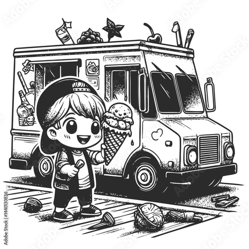 Chibi child excitedly purchasing their first ice cream from a vibrant and colorful truck, a sweet treat on a hot summer day with joy and excitement