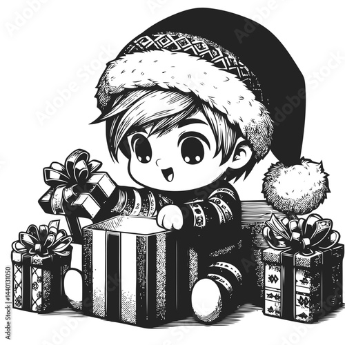 Happy chibi character celebrating Christmas morning with vibrant holiday gifts and decorations