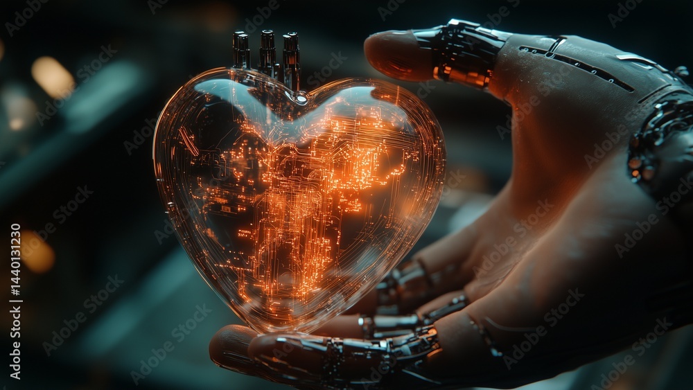 Human hand wires inside transparent robot heart, representing compassion and innovation. Realistic macro photography.