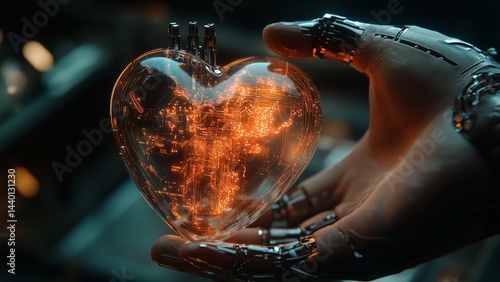 Obraz na płótnie Human hand wires inside transparent robot heart, representing compassion and innovation. Realistic macro photography. w salonie