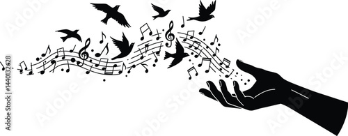 Hand Releasing Birds Transforming into Music Notes