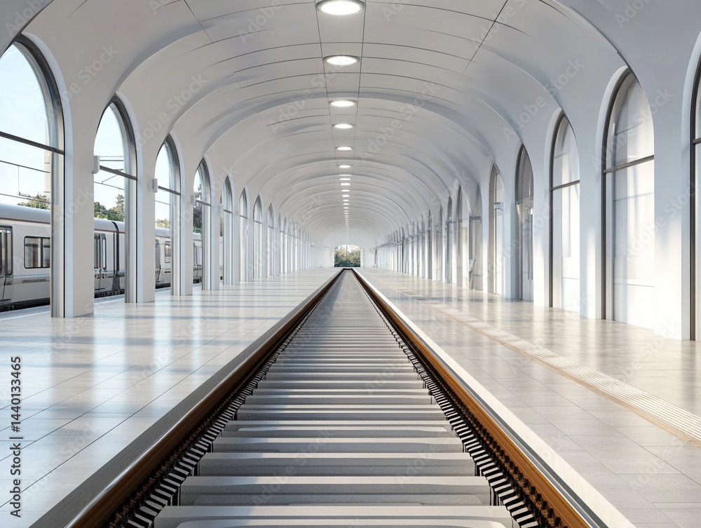 3D render of a clean energy train station, white walls and sky for promotional content 3D render of a clean energy train station, white walls and sky for promotional content