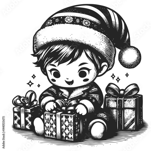Delightful chibi child enjoying a cheerful Christmas morning full of holiday gifts and decorations