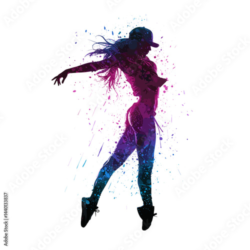 Stylish vector illustration of a dancer in a dynamic pose with colorful splashes