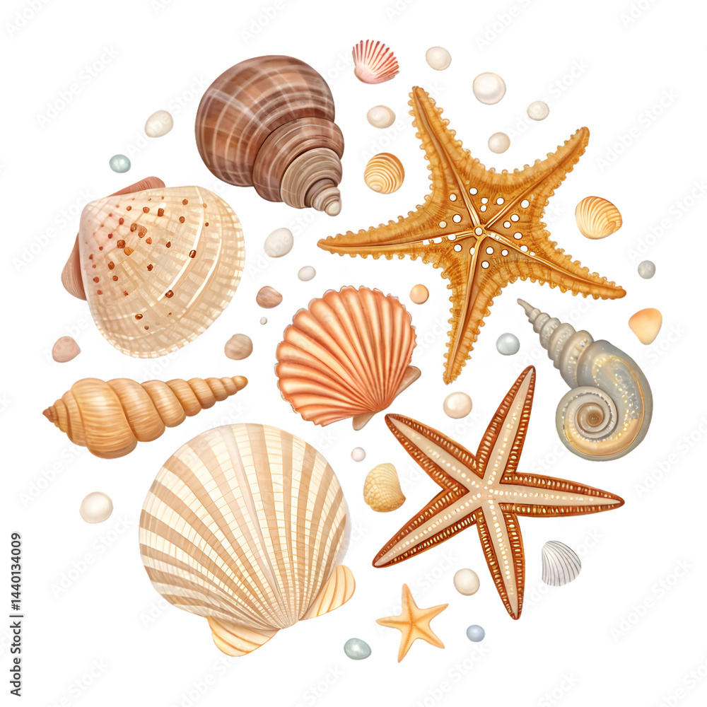 Collection of assorted seashells and starfish isolated on white background, marine decorative elements, summer beach concept, Ai generative Collection of assorted seashells and starfish isolated on white background, marine decorative elements, summer beach concept, Ai generative