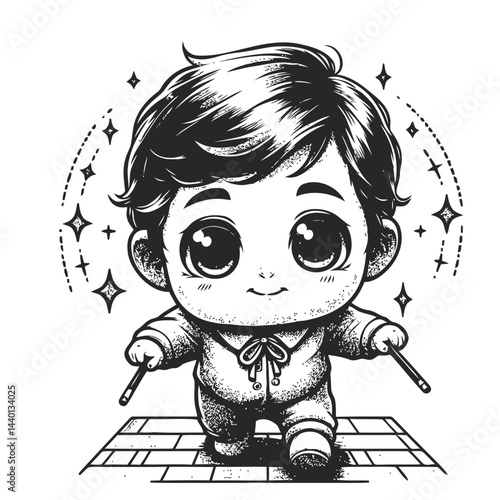 Chibi baby walking on soft carpet with a beaming smile as family looks on in awe