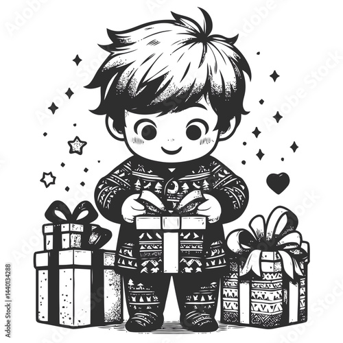 Festive chibi kid in cozy pajamas celebrating Christmas morning with colorful gifts and holiday cheer
