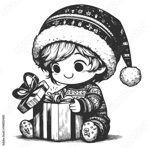Chibi character celebrating Christmas morning with delightful gifts and a beautifully decorated holiday setting