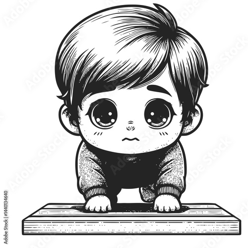 Chibi baby giggling while taking first steps with a big smile and excited family watching