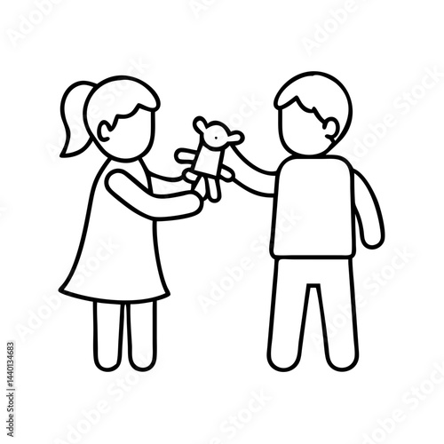siblings sharing a toy icon, siblings sharing a toy line art - simple line art of siblings sharing a toy, perfect for siblings sharing a toy logos and icons