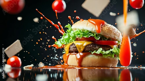 Juicy hamburger with fresh ingredients and splashes of sauce