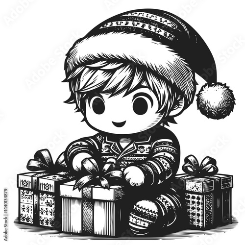 Adorable chibi child wearing festive Christmas pajamas joyfully unwrapping holiday gifts near a beautifully decorated tree