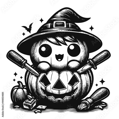 Creative chibi carving pumpkins with festive decorations and cheerful Halloween spirit for seasonal celebration