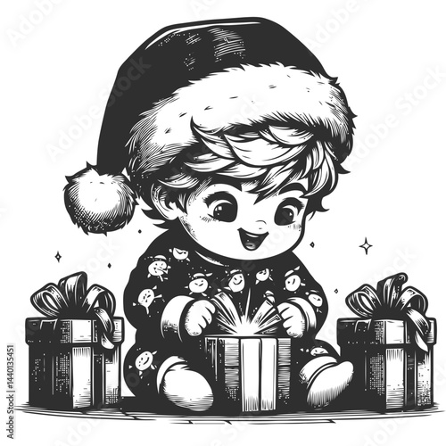 Excited chibi kid enjoying the festive spirit of Christmas morning with colorful gifts and cheerful decor