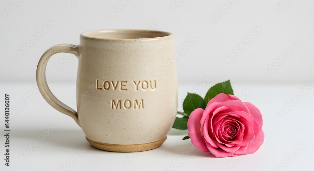 A beautiful pink rose alongside a ceramic mug with the words A beautiful pink rose alongside a ceramic mug with the words