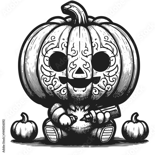 Whimsical chibi carving pumpkins surrounded by festive Halloween decorations and glowing seasonal vibes