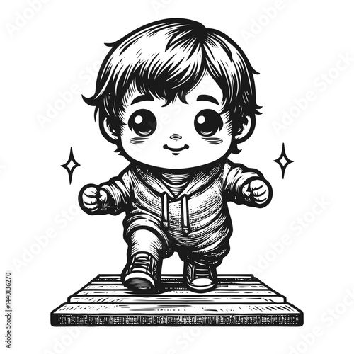 Chibi baby confidently walking on soft carpet with beaming smile as family cheers