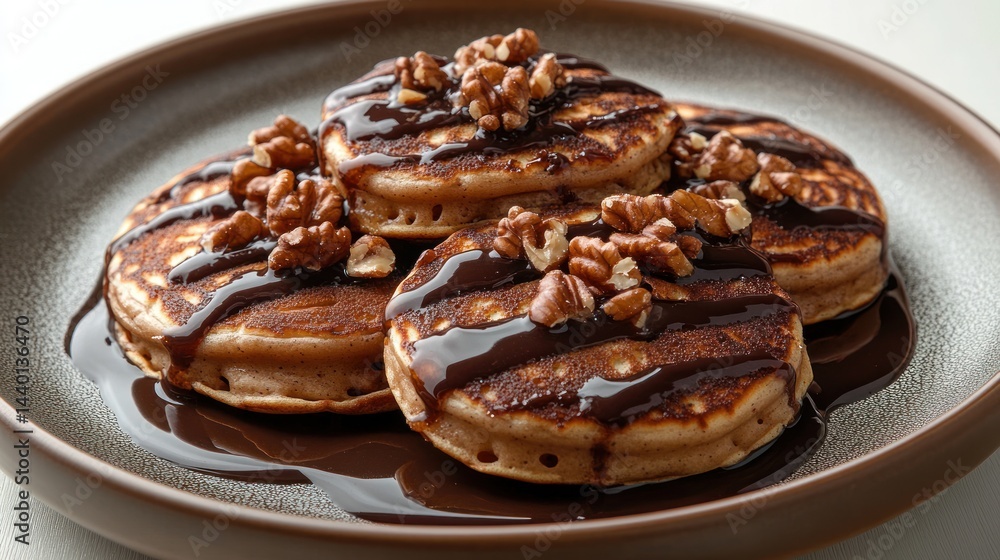 Stack of pancakes with chocolate syrup and nuts on a brown plate. Stack of pancakes with chocolate syrup and nuts on a brown plate.