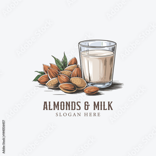 Almond seeds and almond milk Hand drawn logo design