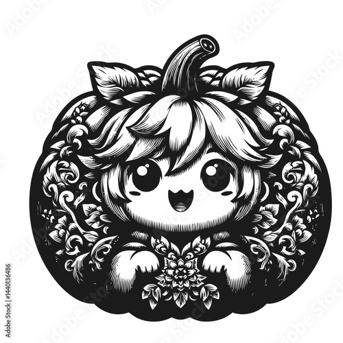 Chibi character happily carving pumpkins for a festive Halloween celebration with vibrant orange decorations and creative designs