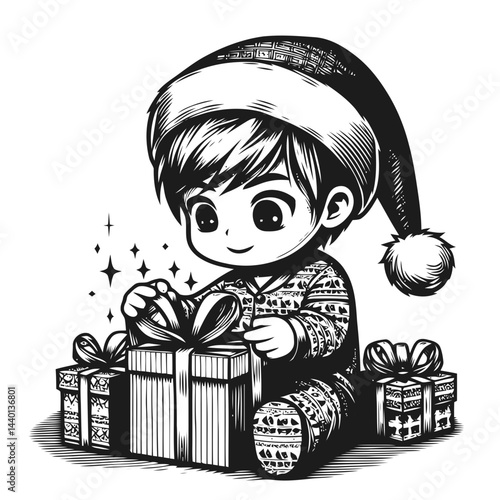 Cute chibi kid experiencing the excitement of Christmas morning while opening colorful gifts by the tree
