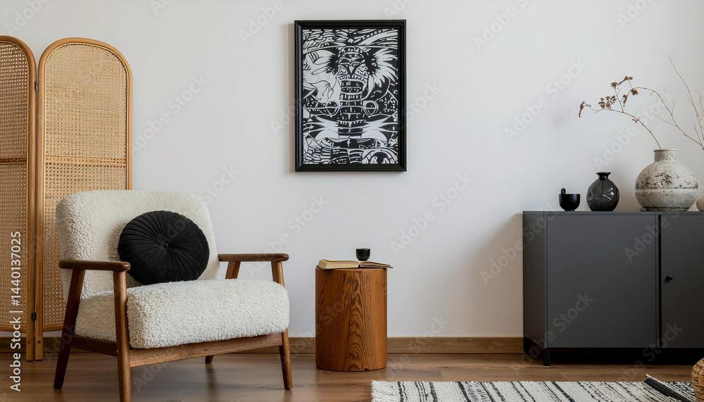 Fototapeta premium Modern living room with a cozy armchair in soft white fur upholstery, complemented by a sleek side table, framed artwork, and a woven partition, creating a balanced blend of comfort and style