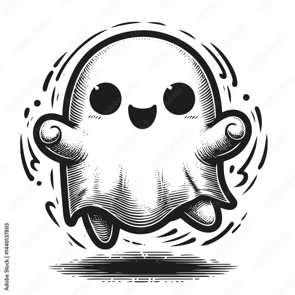 Naklejka premium Chibi ghosts performing funny dances with energetic charm, capturing Halloween festivities in creative and playful designs.