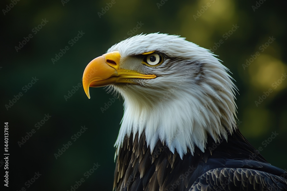 Bald Eagle in Profile. A majestic American bald eagle is captured in profile, showcasing its distinctive features against a blurred background. Its intense gaze captures its power. Bald Eagle in Profile. A majestic American bald eagle is captured in profile, showcasing its distinctive features against a blurred background. Its intense gaze captures its power.