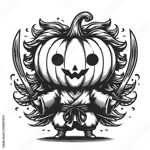 Whimsical chibi character enjoying pumpkin carving surrounded by vibrant Halloween decorations and joyful autumn atmosphere