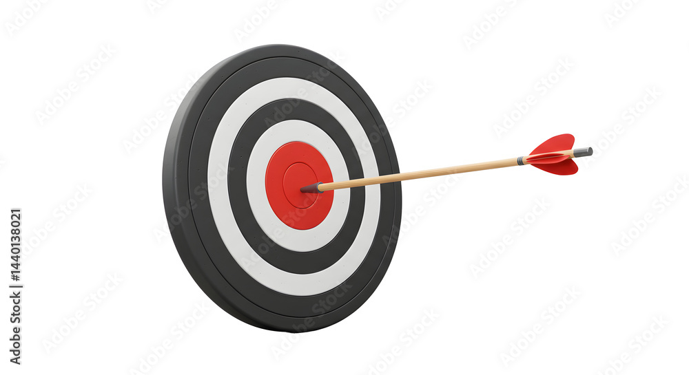 An arrow hitting the center of a target with alternating rings on a simple isolated background view on transparent background An arrow hitting the center of a target with alternating rings on a simple isolated background view on transparent background
