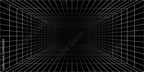Futuristic 3D grid tunnel with white lines on a black background, creating a deep, immersive perspective effect ideal for sci-fi, tech, or retro designs.