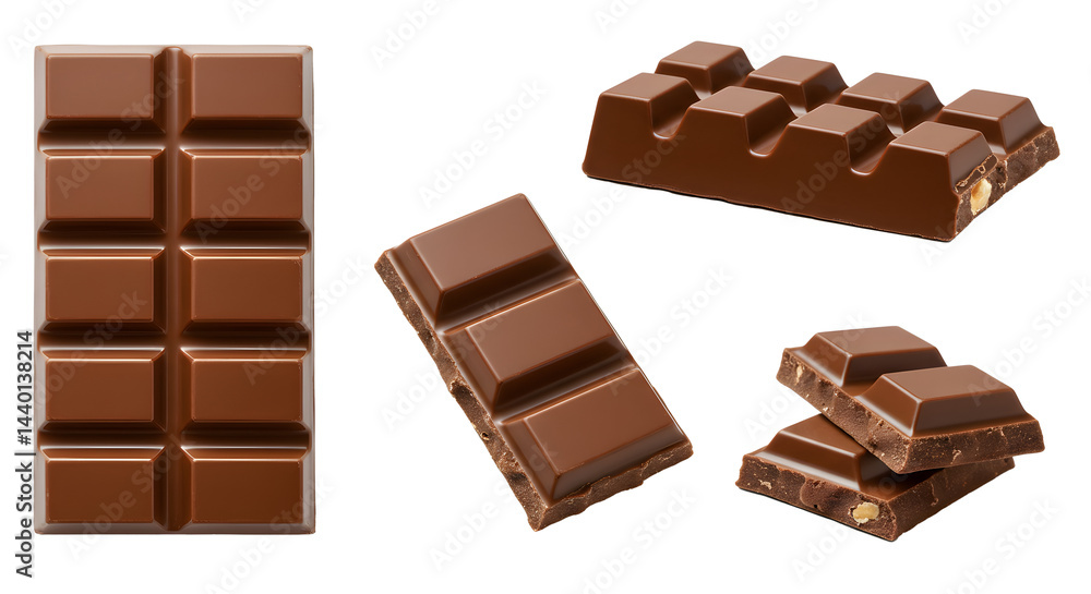 Assorted chocolate bars featuring different shapes and textures against a plain background for presentation on transparent background Assorted chocolate bars featuring different shapes and textures against a plain background for presentation on transparent background