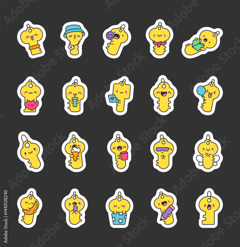 Little key character set showing various cute moments with holding items, smiling faces, charming poses and lovely accessories for yours creative projects