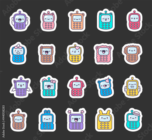 Adorable baby phone character set with smiling faces, funny emotions, cute wings, hats, buttons, antennas, hearts, flowers, crowns for yours creative projects