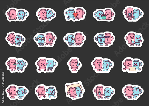 Mug couple character set showing romantic emotions, charming hugs, funny gifts, magical moments, happy kisses, lovely drinks, birthday surprises, and relaxing dreams