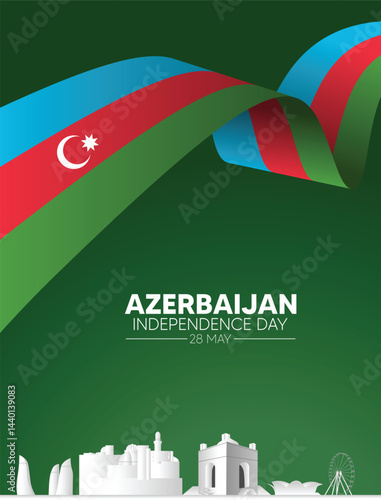 Azerbaijan independence day 28 May flag ribbon with cityscape vector poster