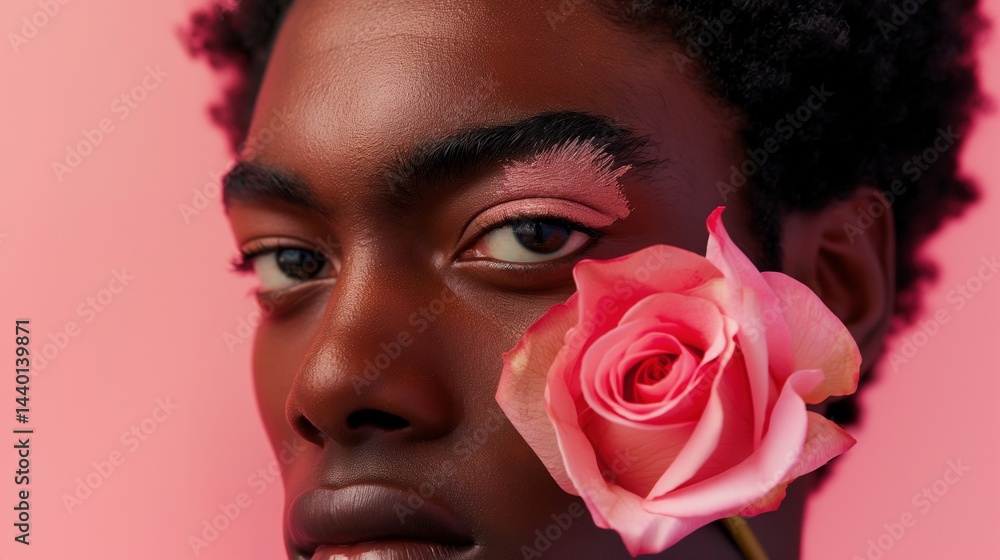 Black man with bold eye makeup and bright pink rose portrait image closeup, ai generated
