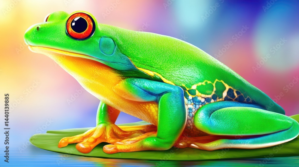 Obraz premium Vibrant Green and Orange Tree Frog Sitting Gracefully on a Leaf Against a Colorful Blurred Background