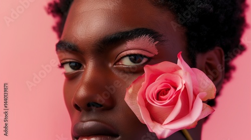 Obraz na płótnie Black man with bold eye makeup and bright pink rose portrait image closeup, ai generated w salonie