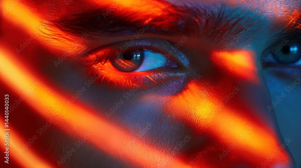 Artistic closeup of eye bathed in intense sunset light streaks portrait image, ai generated
