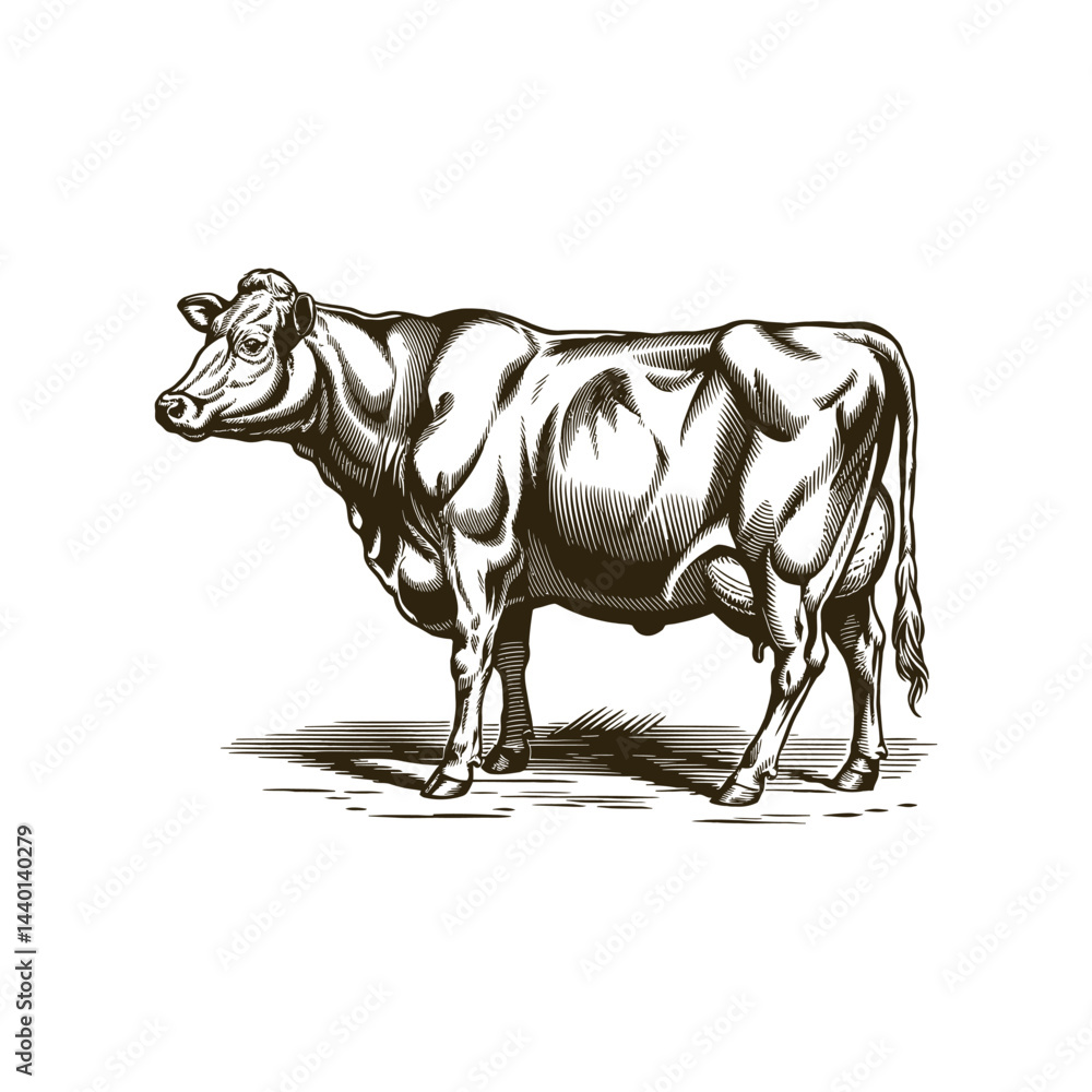Obraz premium Vintage engraving woodcut cow vector illustration art design