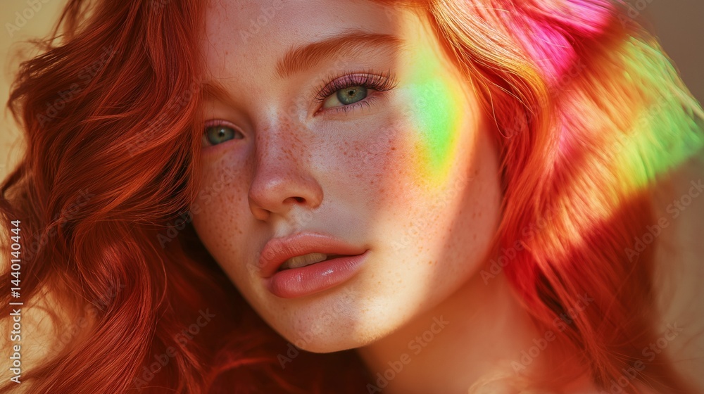 Red-haired woman radiant freckles with rainbow light portrait image closeup, ai generated