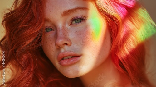 Obraz na płótnie Red-haired woman radiant freckles with rainbow light portrait image closeup, ai generated w salonie