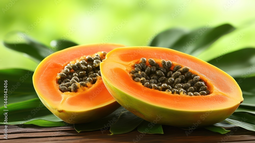 Fresh papaya halves on tropical leaves Fresh papaya halves on tropical leaves