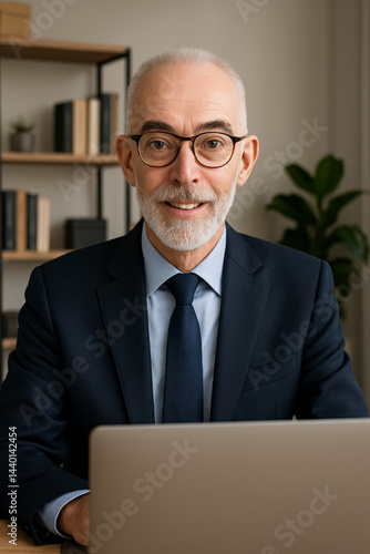 Professional Businessman Sitting in Office Workspace Using Laptop